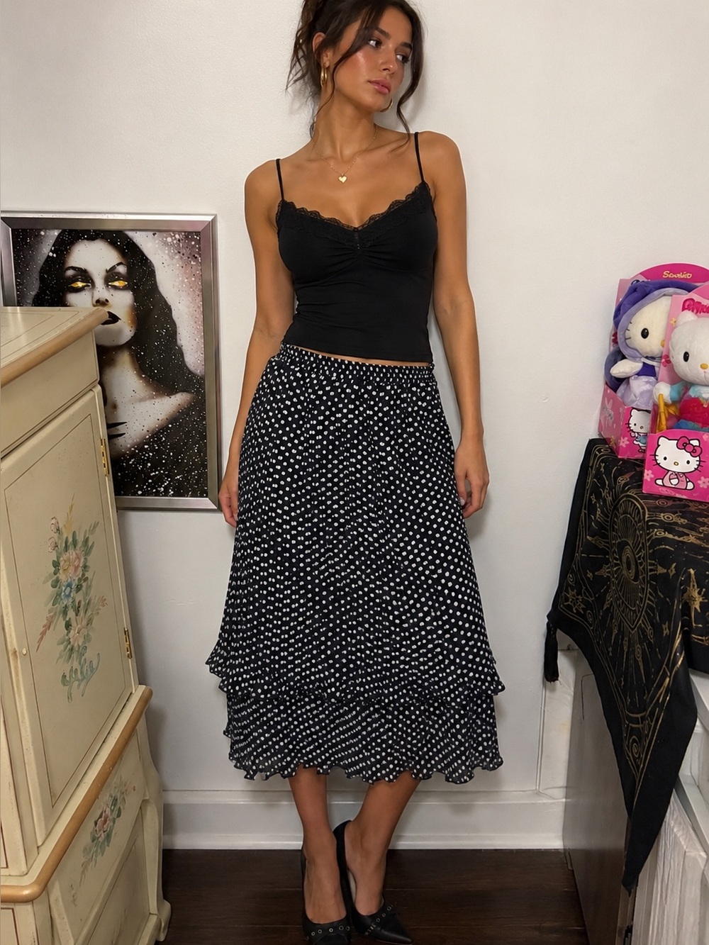 Vintage Y2K Navy and White Polka Dot Midi Skirt vintage Y2K from Europe